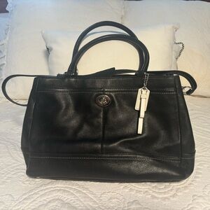 Coach Black Leather Satchel with White Tag Charm